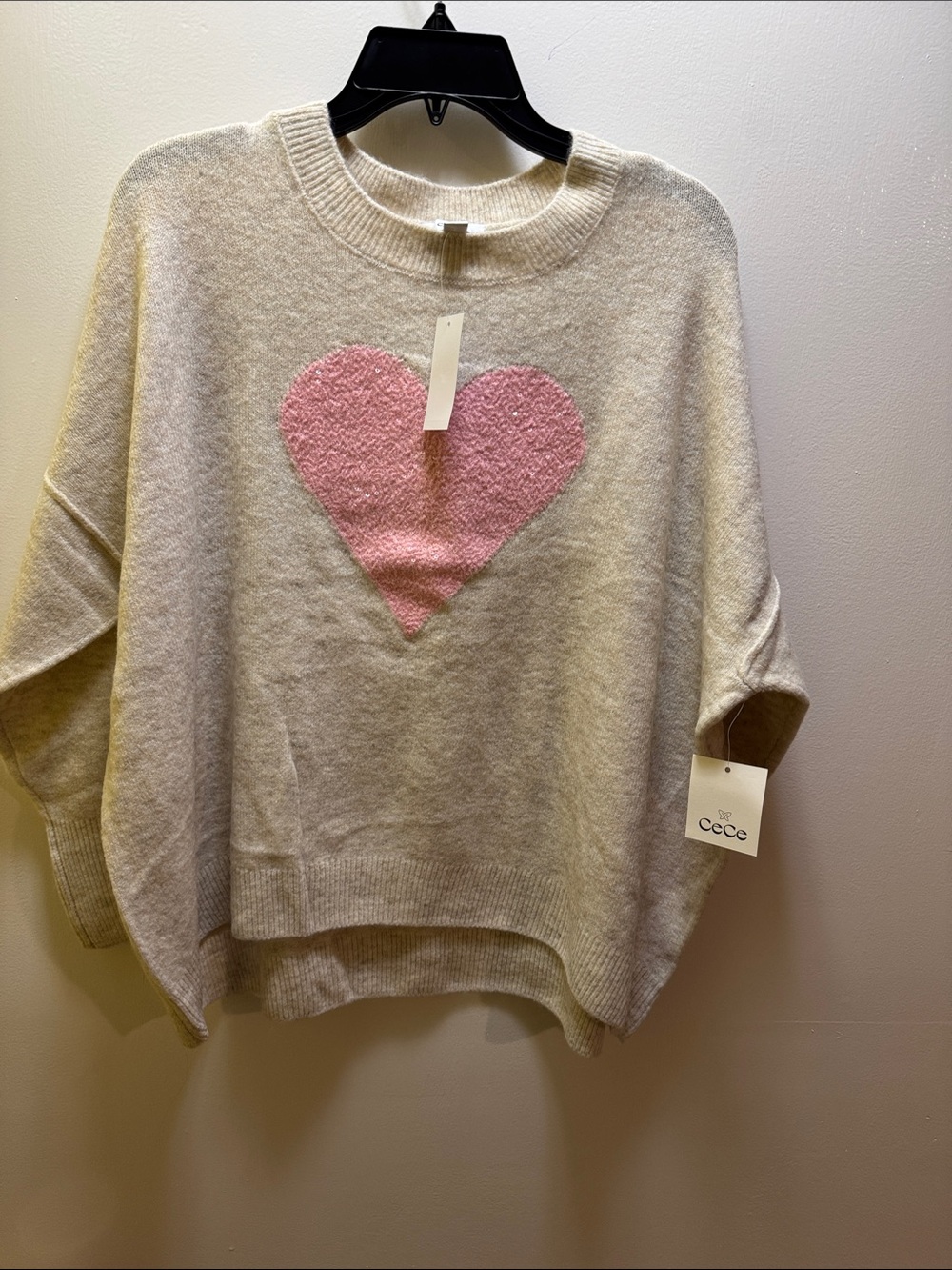 CeCe Cream Sweater with Pink Heart Appliqué